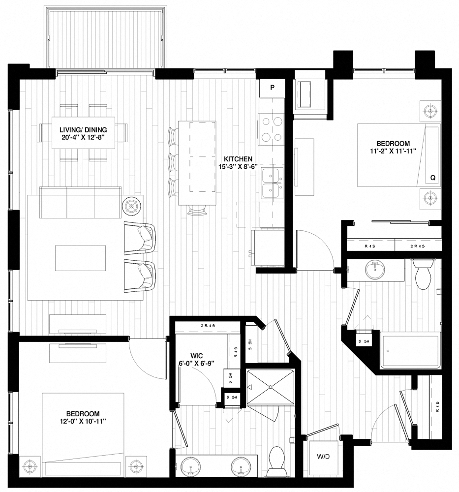 Floor plan for 2 beds, 2 baths, 1118 sqft